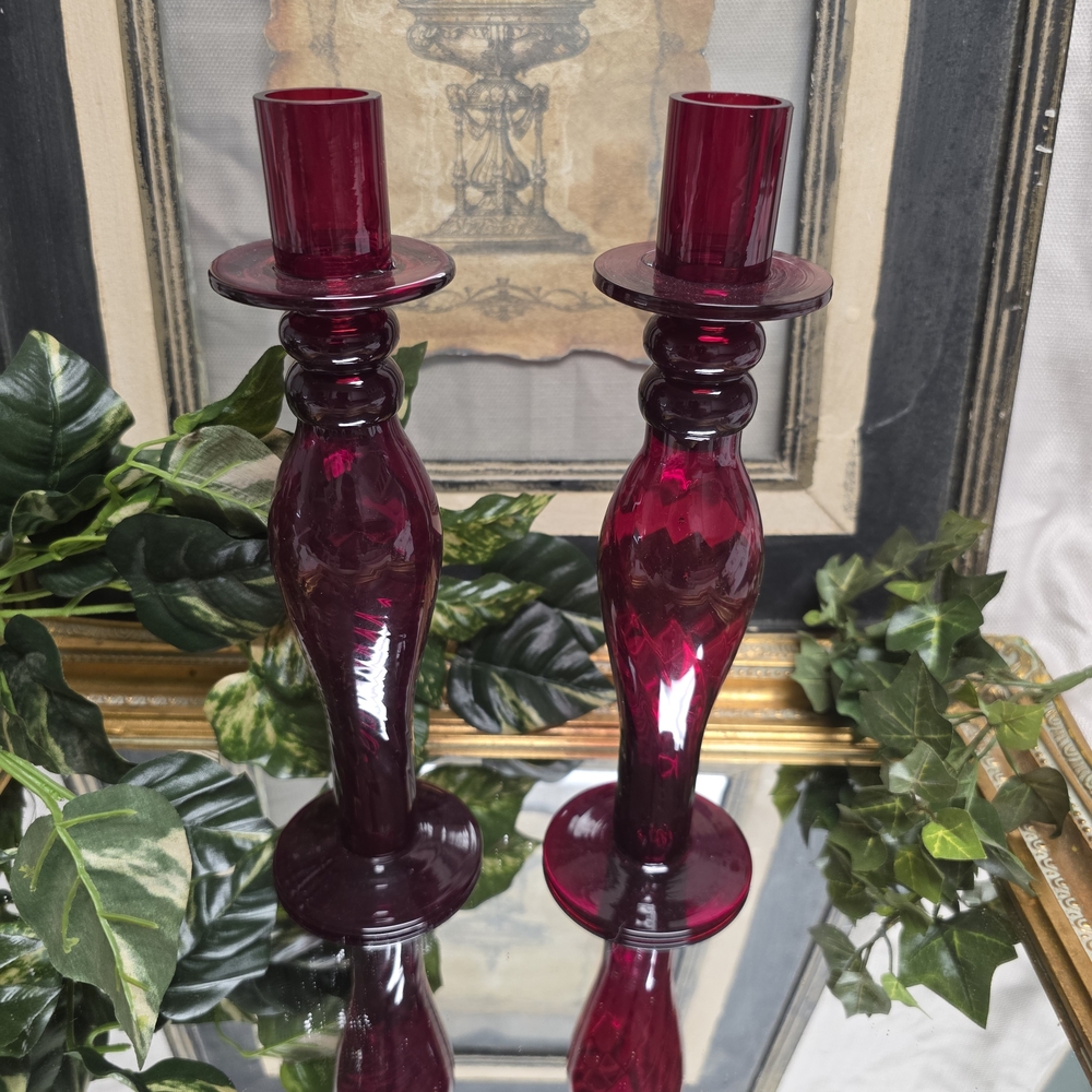 Ruby Red Glass Candle Holders Set